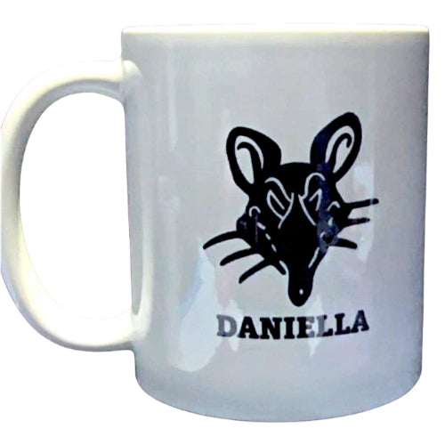 White mug with black rat illustration and personalised text on a white background