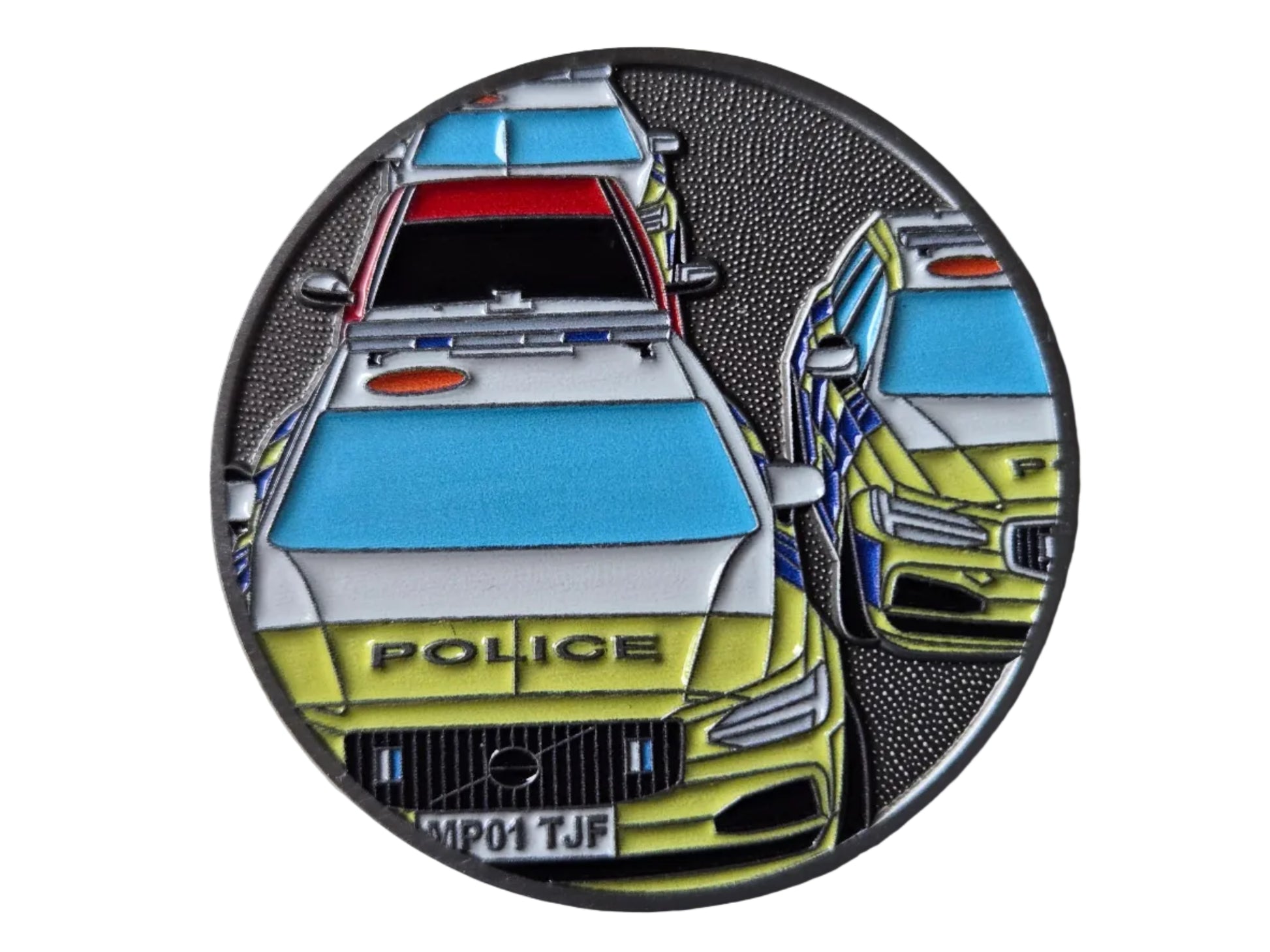 A circular sticker or magnet featuring a stylized illustration of police cars, including a central white car with a blue windshield and yellow lower section, alongside other police vehicles on a dark textured background.